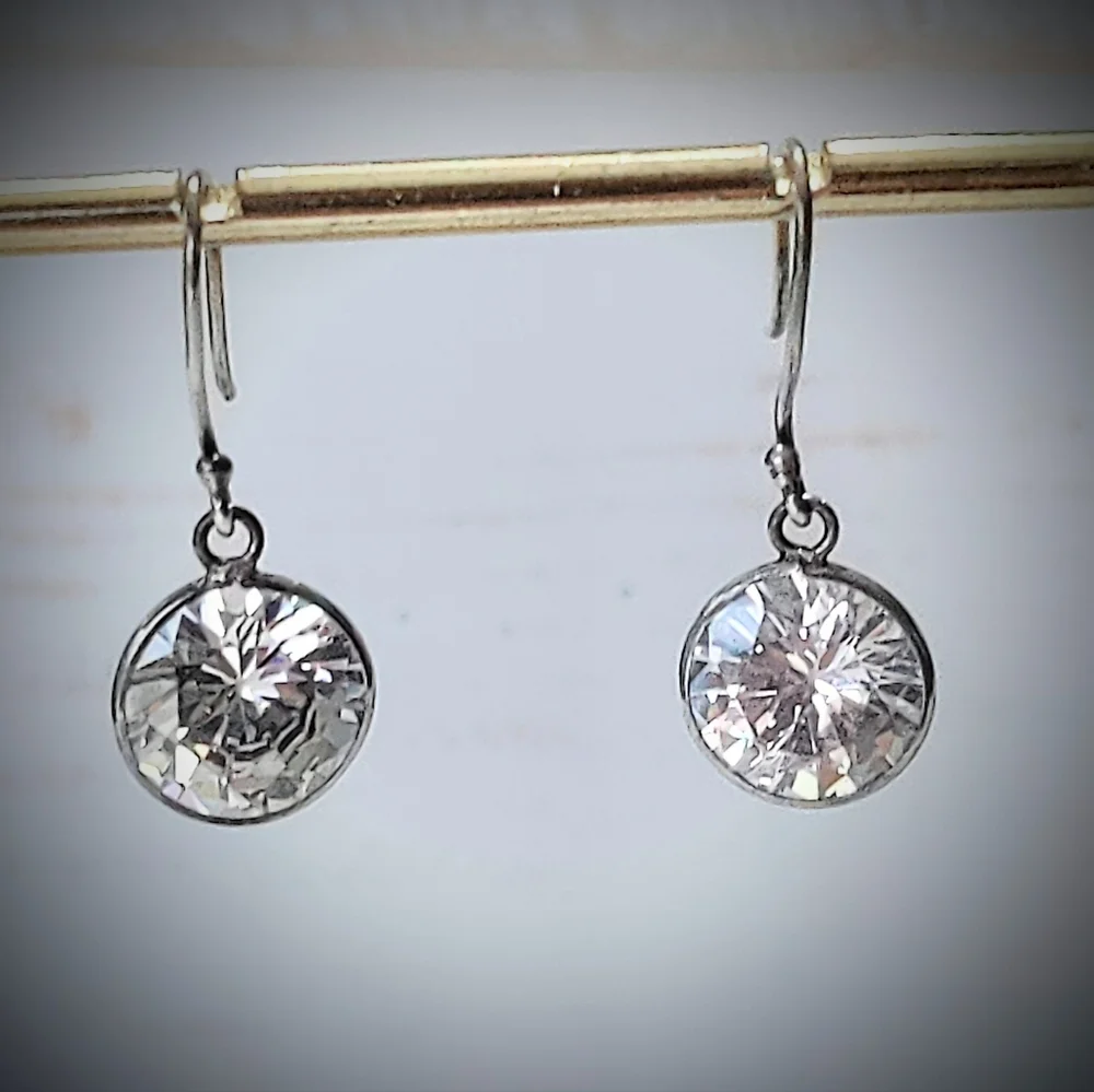 Sterling Silver Bezel Drop CZ Dangle Earrings - Picture 4 of 8